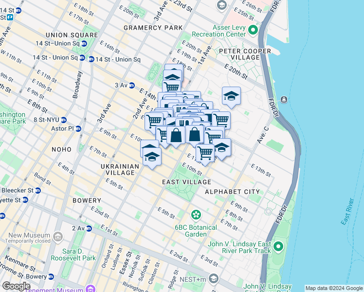 map of restaurants, bars, coffee shops, grocery stores, and more near 438 East 12th Street in New York