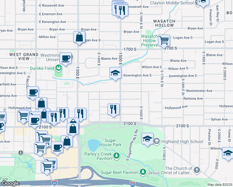 map of restaurants, bars, coffee shops, grocery stores, and more near 1476 Westminster Avenue in Salt Lake City