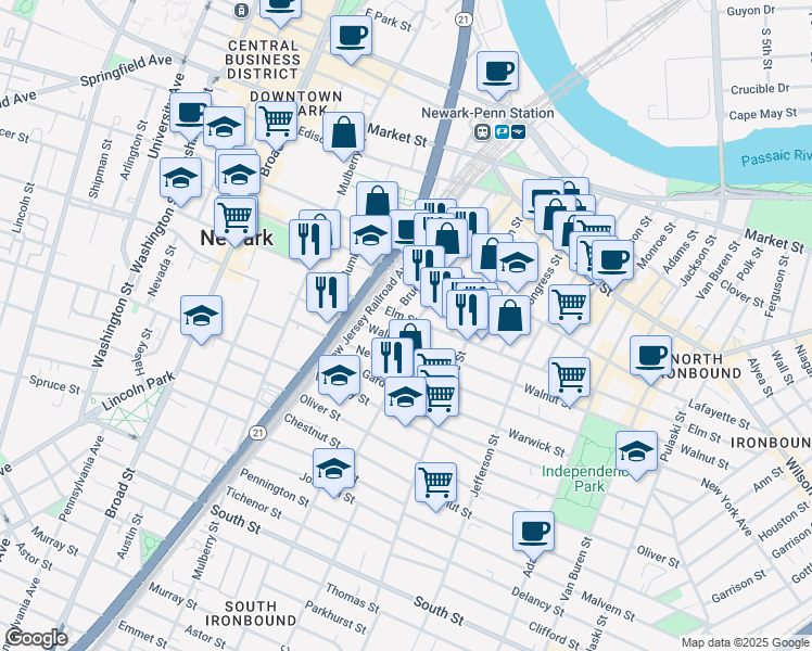 map of restaurants, bars, coffee shops, grocery stores, and more near 82 Elm Street in Newark