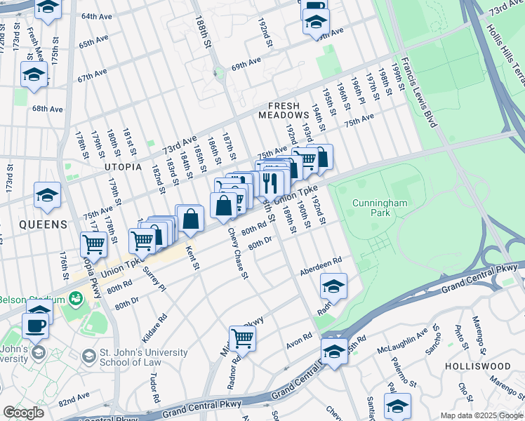 map of restaurants, bars, coffee shops, grocery stores, and more near 75-59 187th Street in Queens