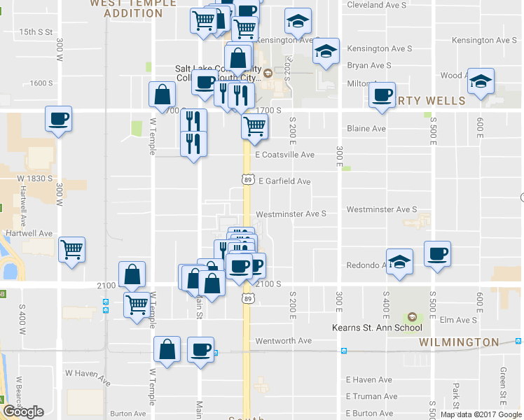 map of restaurants, bars, coffee shops, grocery stores, and more near 1865 State Street in South Salt Lake
