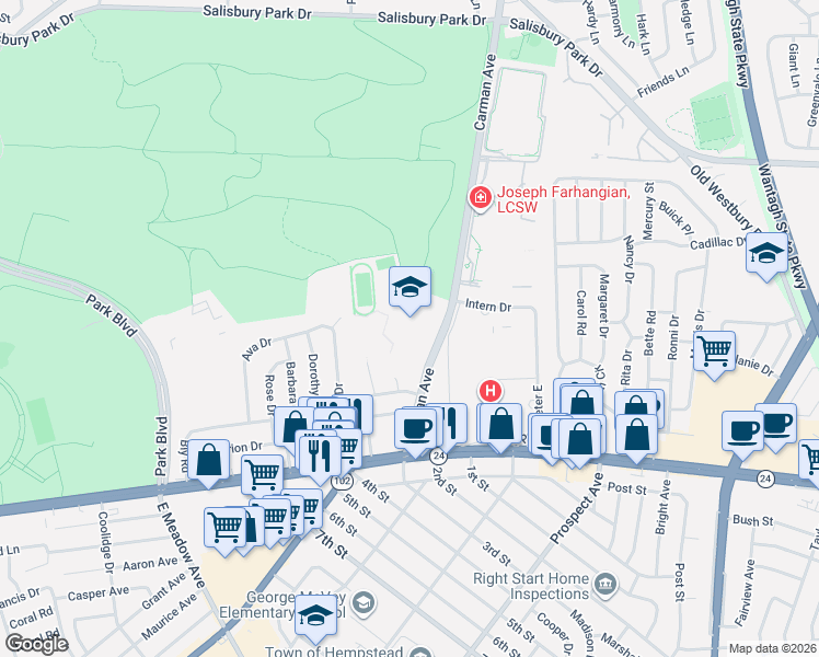 map of restaurants, bars, coffee shops, grocery stores, and more near 101 Carman Avenue in East Meadow