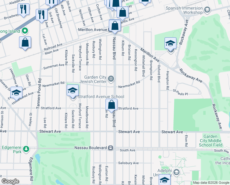 map of restaurants, bars, coffee shops, grocery stores, and more near 167 Newmarket Road in Garden City