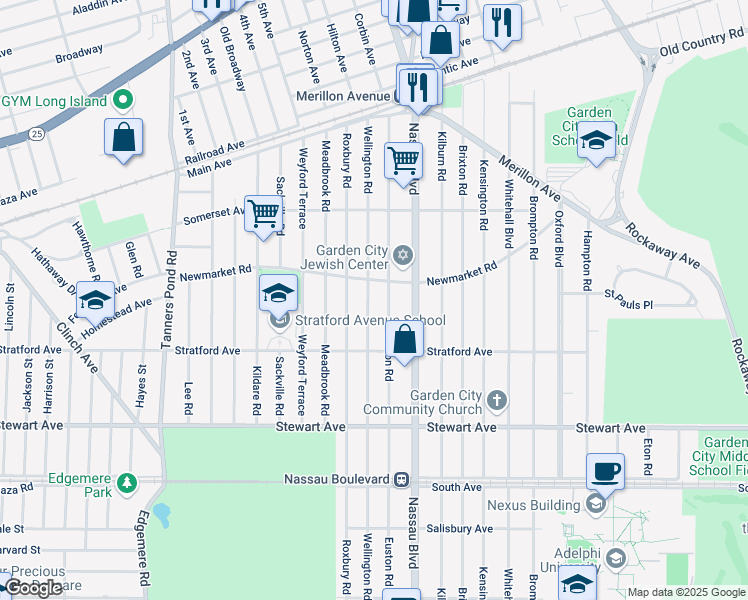 map of restaurants, bars, coffee shops, grocery stores, and more near 160 Euston Road in Garden City