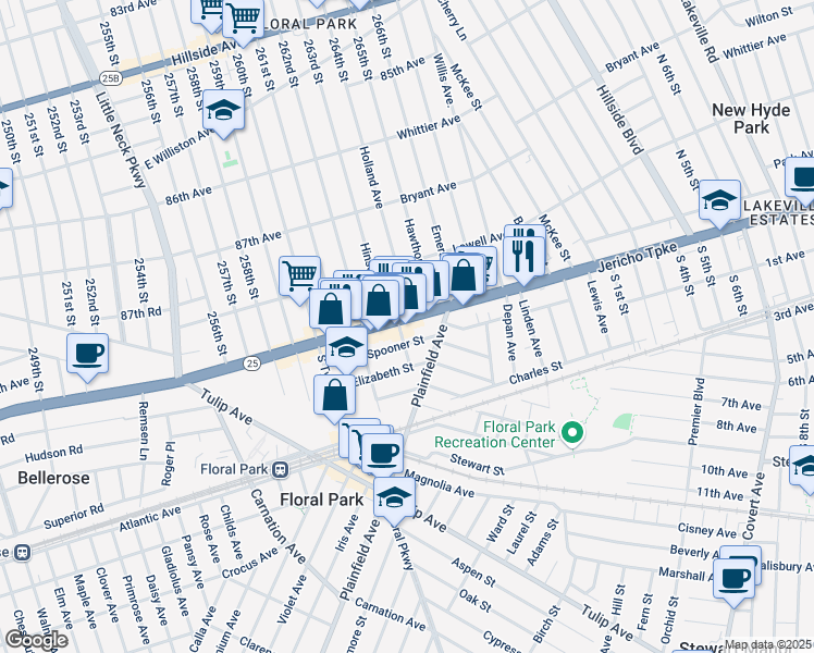map of restaurants, bars, coffee shops, grocery stores, and more near 247 Jericho Turnpike in Floral Park