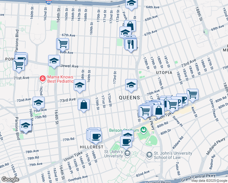 map of restaurants, bars, coffee shops, grocery stores, and more near 173-01 73rd Avenue in Queens