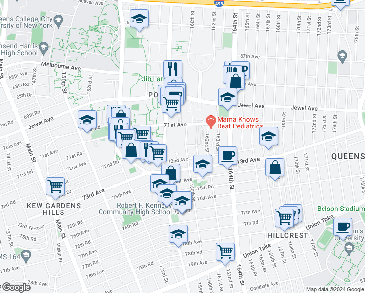map of restaurants, bars, coffee shops, grocery stores, and more near 71-27 Park Avenue in Queens