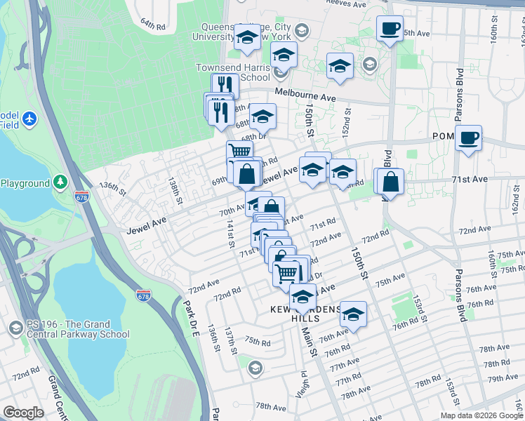 map of restaurants, bars, coffee shops, grocery stores, and more near 144-15 70th Avenue in Queens