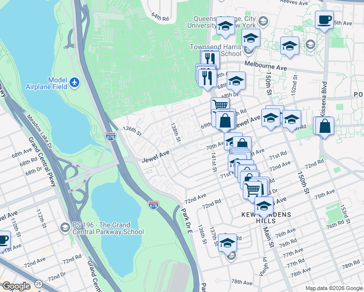 map of restaurants, bars, coffee shops, grocery stores, and more near 138-29 Jewel Avenue in Queens
