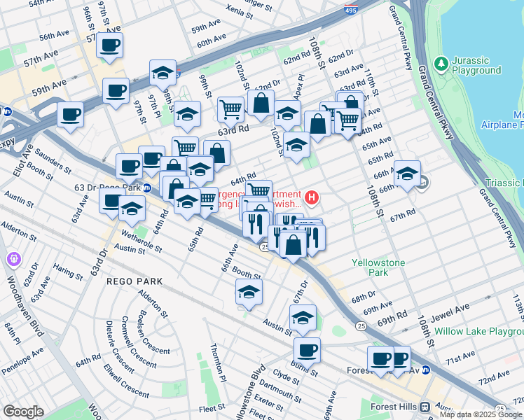 map of restaurants, bars, coffee shops, grocery stores, and more near 99-35 65th Road in Queens
