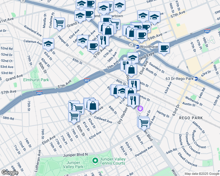 map of restaurants, bars, coffee shops, grocery stores, and more near 85-4 60th Avenue in Queens