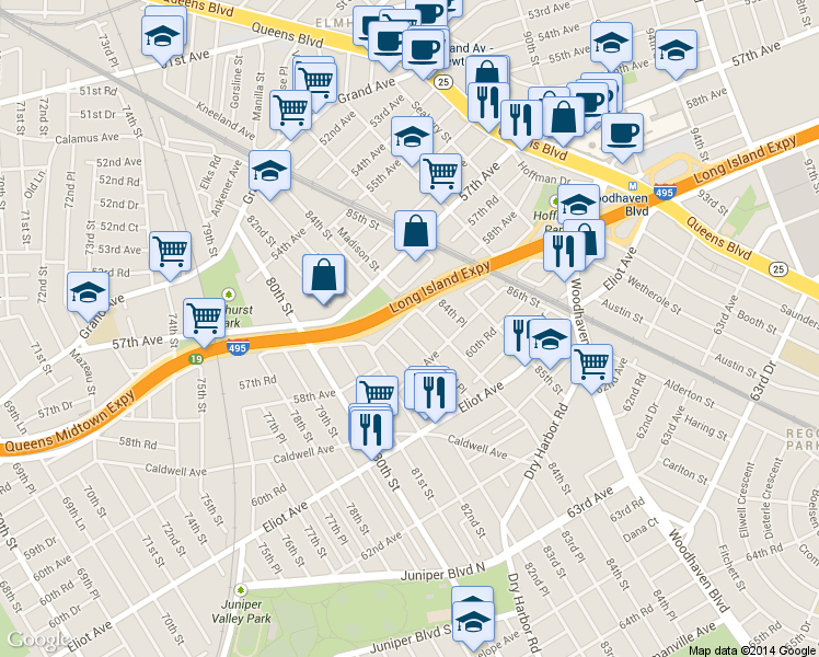 map of restaurants, bars, coffee shops, grocery stores, and more near 8384 58th Avenue in Queens