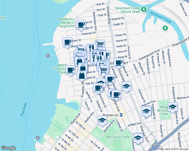 map of restaurants, bars, coffee shops, grocery stores, and more near 121 Milton Street in Brooklyn
