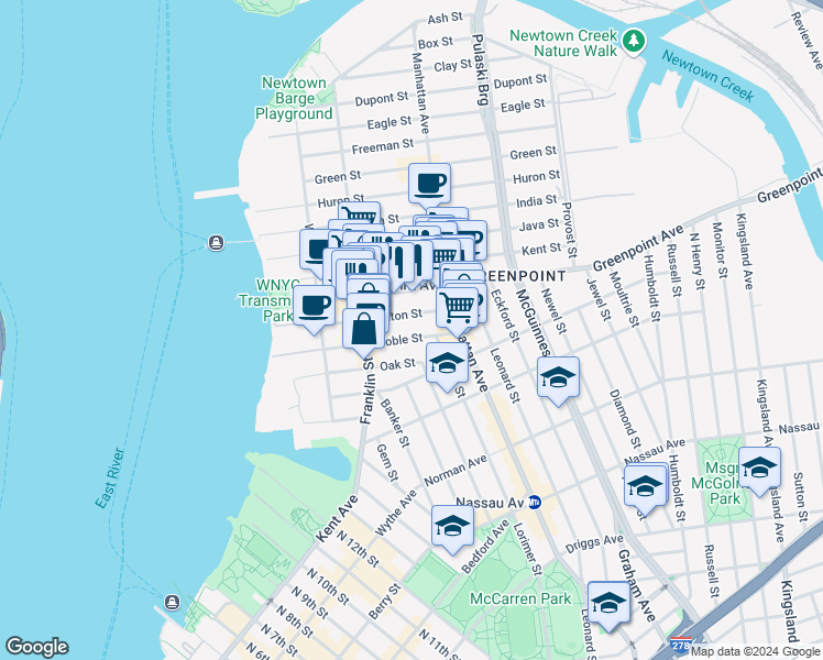 map of restaurants, bars, coffee shops, grocery stores, and more near 121 Milton Street in Brooklyn