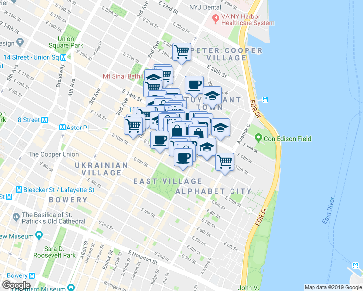map of restaurants, bars, coffee shops, grocery stores, and more near 515 East 13th Street in New York