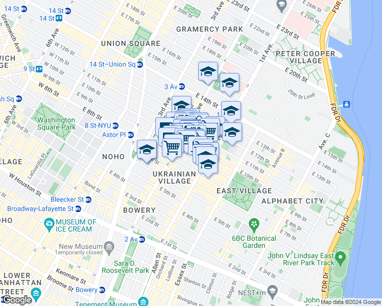 map of restaurants, bars, coffee shops, grocery stores, and more near 213 East 10th Street in New York