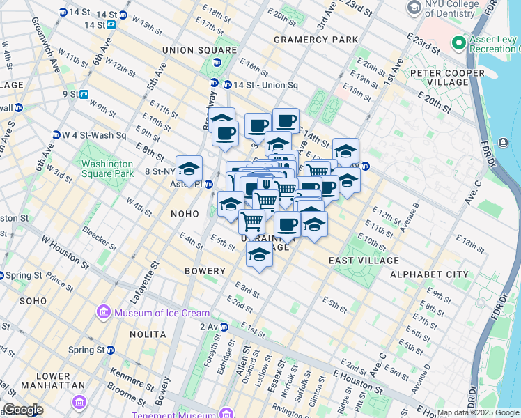 map of restaurants, bars, coffee shops, grocery stores, and more near 149 2nd Avenue in New York