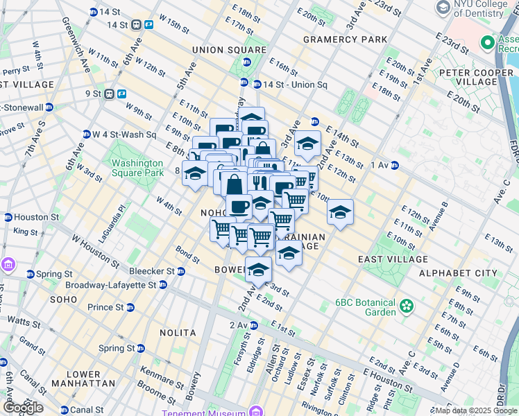 map of restaurants, bars, coffee shops, grocery stores, and more near East 7th Street in New York