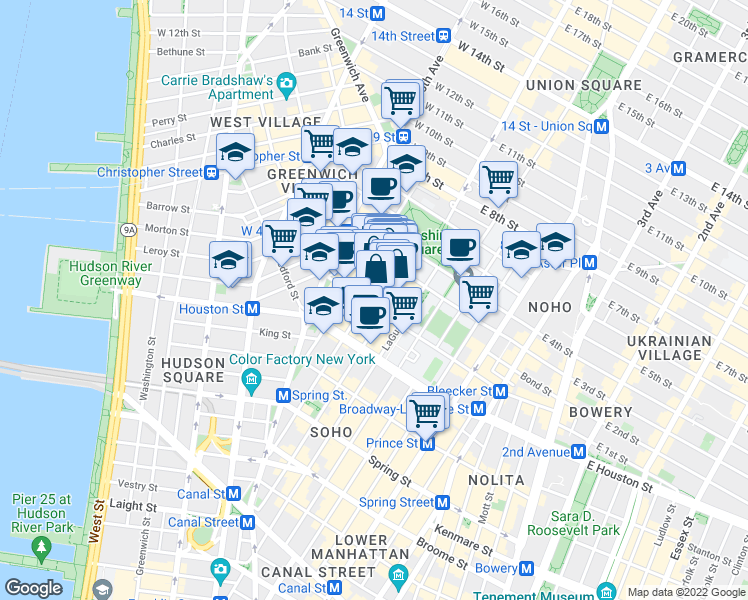 map of restaurants, bars, coffee shops, grocery stores, and more near 165 Bleecker Street in New York