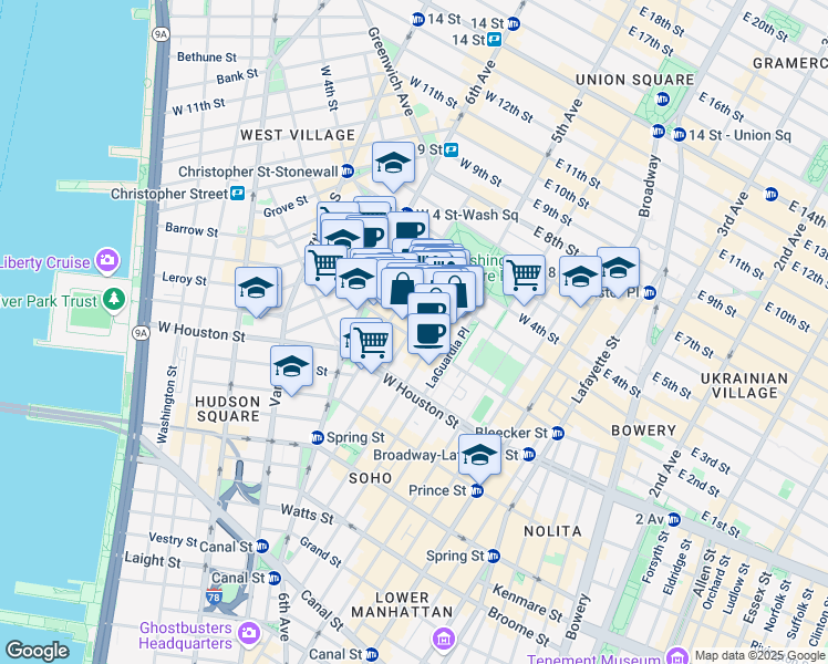 map of restaurants, bars, coffee shops, grocery stores, and more near 165 Bleecker Street in New York