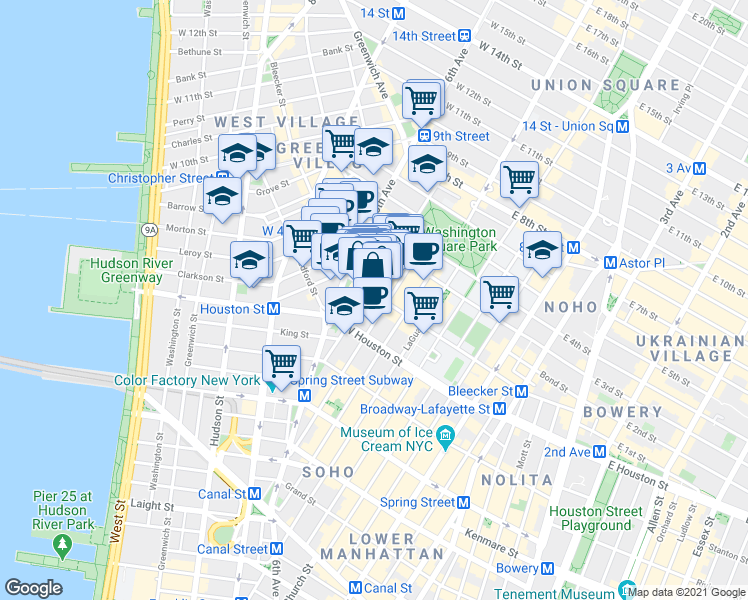 map of restaurants, bars, coffee shops, grocery stores, and more near 190 Bleecker Street in New York