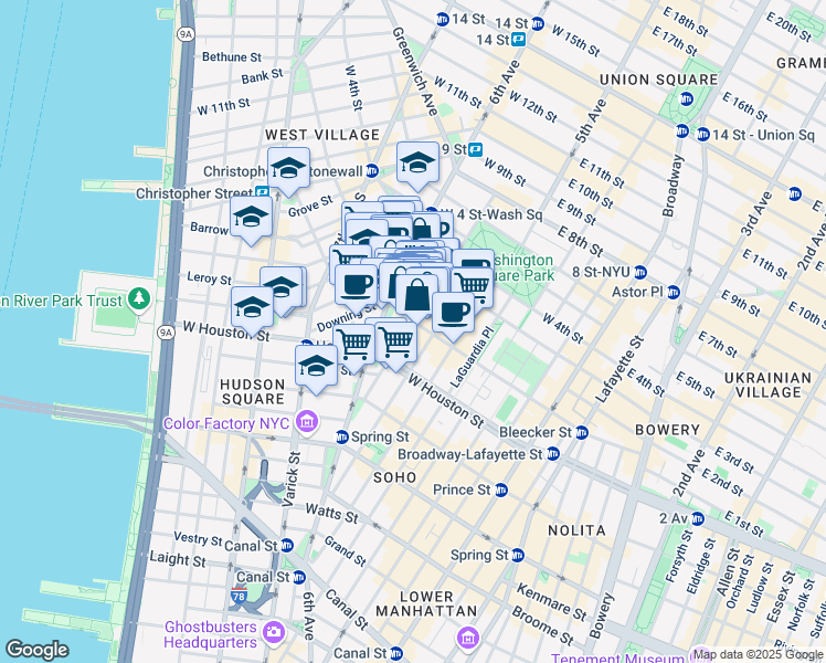 map of restaurants, bars, coffee shops, grocery stores, and more near 190 Bleecker Street in New York