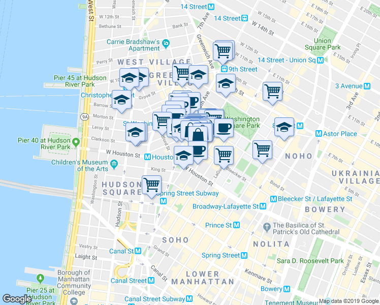 map of restaurants, bars, coffee shops, grocery stores, and more near 190 Bleecker Street in New York