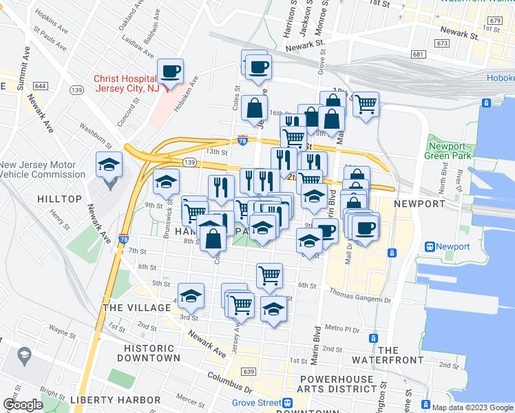 map of restaurants, bars, coffee shops, grocery stores, and more near 724 Jersey Avenue in Jersey City