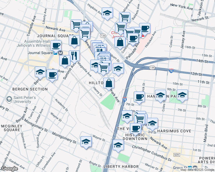 map of restaurants, bars, coffee shops, grocery stores, and more near in Jersey City