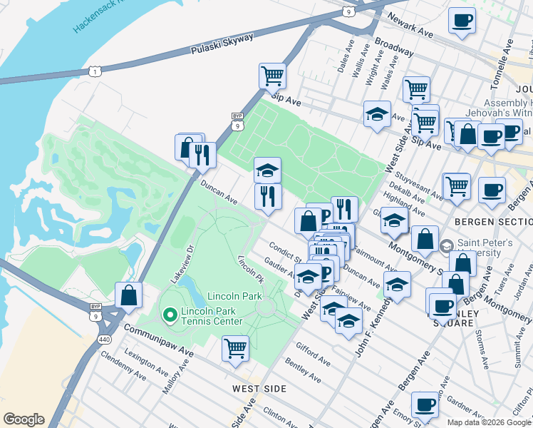 map of restaurants, bars, coffee shops, grocery stores, and more near in Jersey City