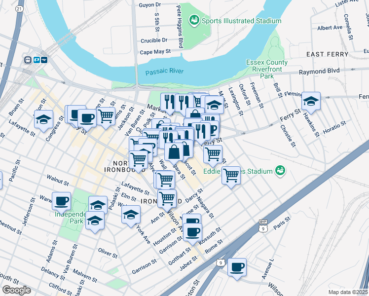 map of restaurants, bars, coffee shops, grocery stores, and more near 82 Somme Street in Newark