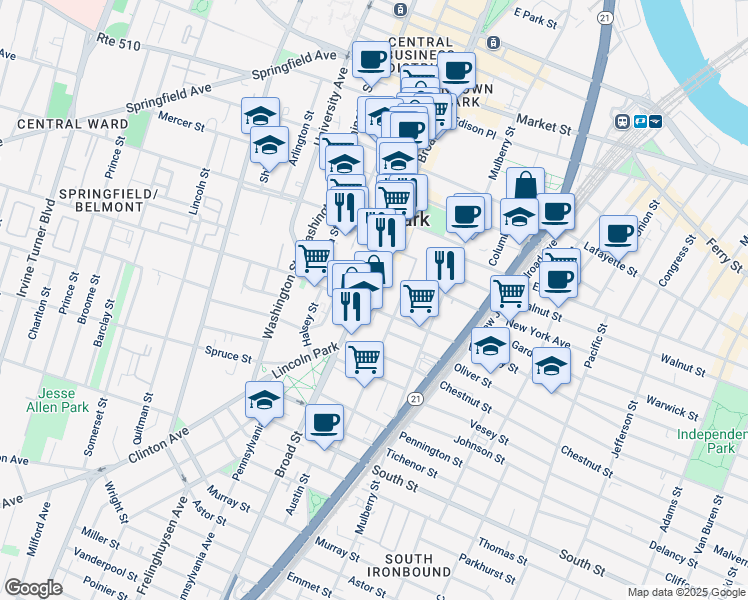 map of restaurants, bars, coffee shops, grocery stores, and more near 986 Broad Street in Newark