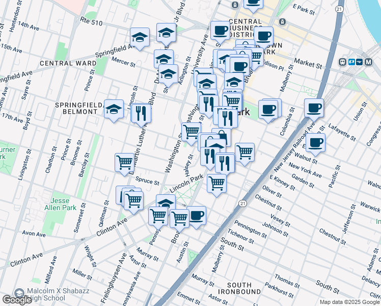 map of restaurants, bars, coffee shops, grocery stores, and more near 36-38 East Kinney Street in Newark