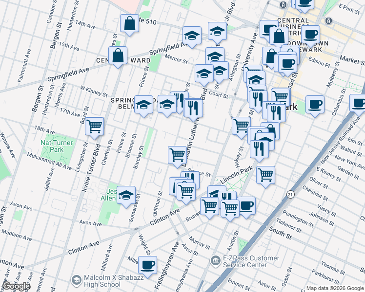 map of restaurants, bars, coffee shops, grocery stores, and more near 671 Doctor Martin Luther King Junior Boulevard in Newark