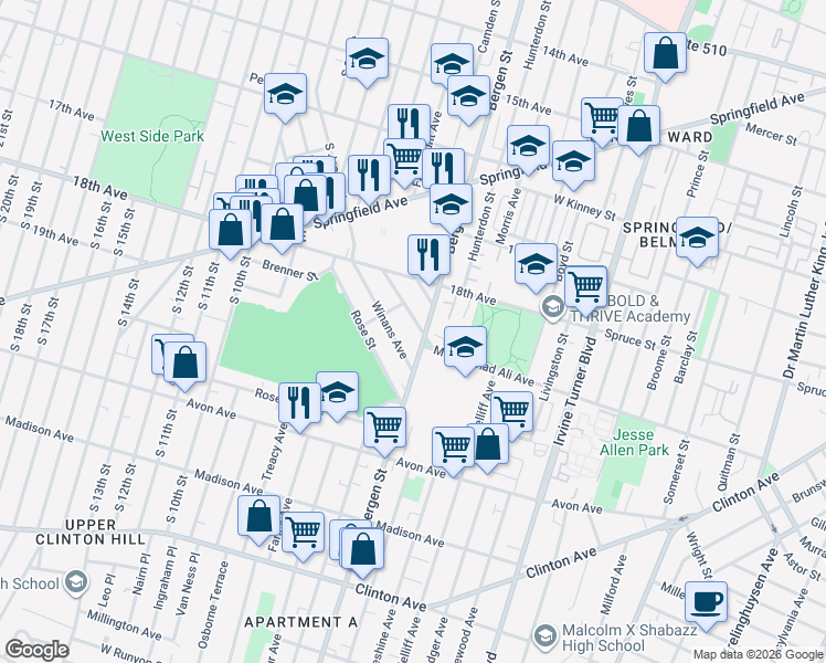 map of restaurants, bars, coffee shops, grocery stores, and more near in Newark