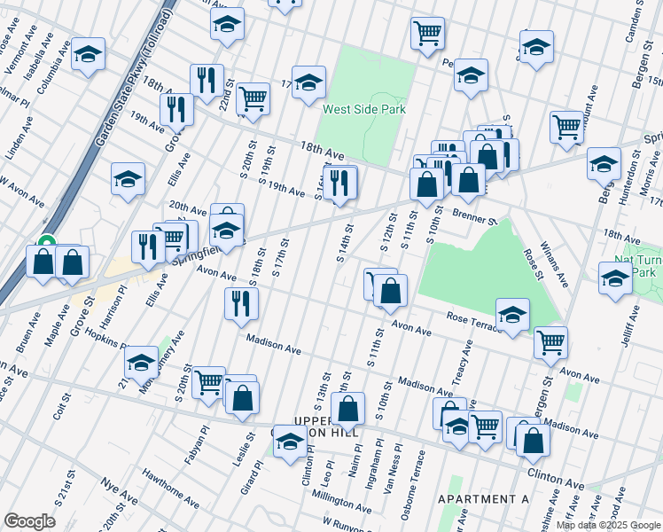 map of restaurants, bars, coffee shops, grocery stores, and more near 716 South 15th Street in Newark