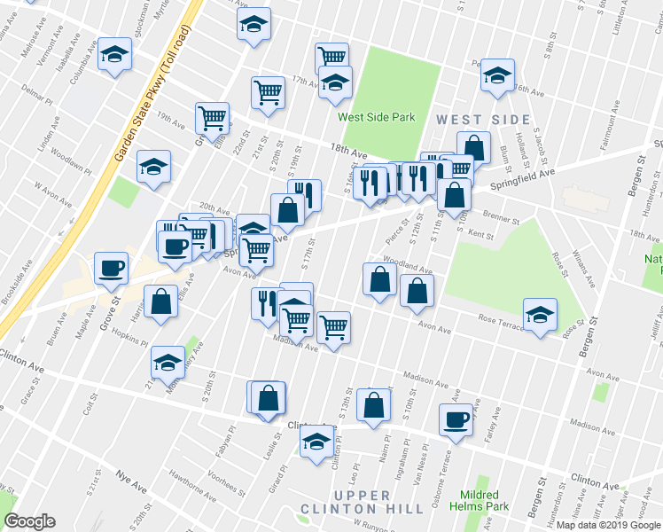 map of restaurants, bars, coffee shops, grocery stores, and more near 747 South 16th Street in Newark