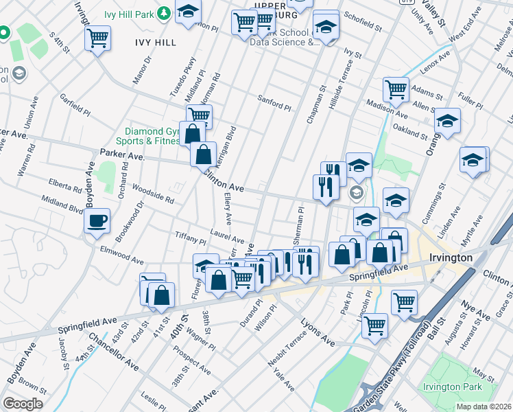 map of restaurants, bars, coffee shops, grocery stores, and more near 1406 Clinton Avenue in Irvington