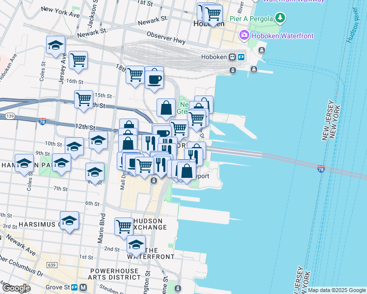 map of restaurants, bars, coffee shops, grocery stores, and more near 45 River Drive South in Jersey City