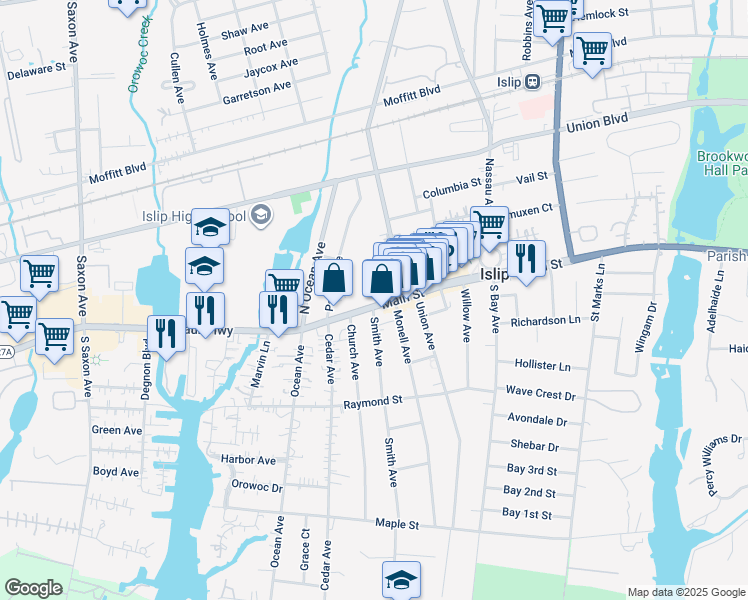 map of restaurants, bars, coffee shops, grocery stores, and more near 401 Main Street in Islip