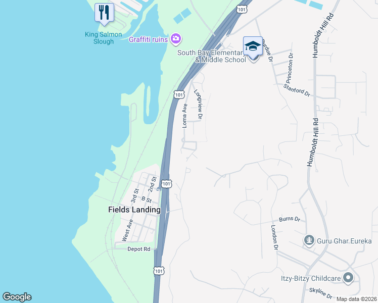 map of restaurants, bars, coffee shops, grocery stores, and more near 1812 Mesa Avenue in Eureka