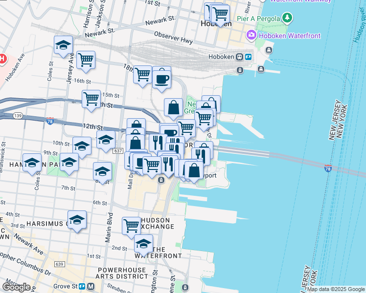 map of restaurants, bars, coffee shops, grocery stores, and more near 570 Washington Boulevard in Jersey City