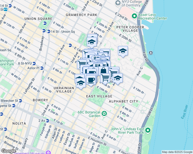 map of restaurants, bars, coffee shops, grocery stores, and more near 201 Avenue A in New York