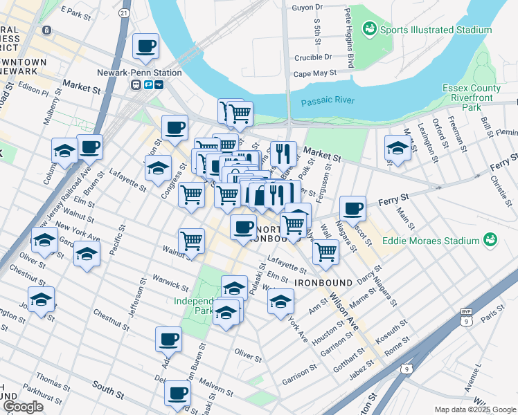 map of restaurants, bars, coffee shops, grocery stores, and more near 94 Jackson Street in Newark