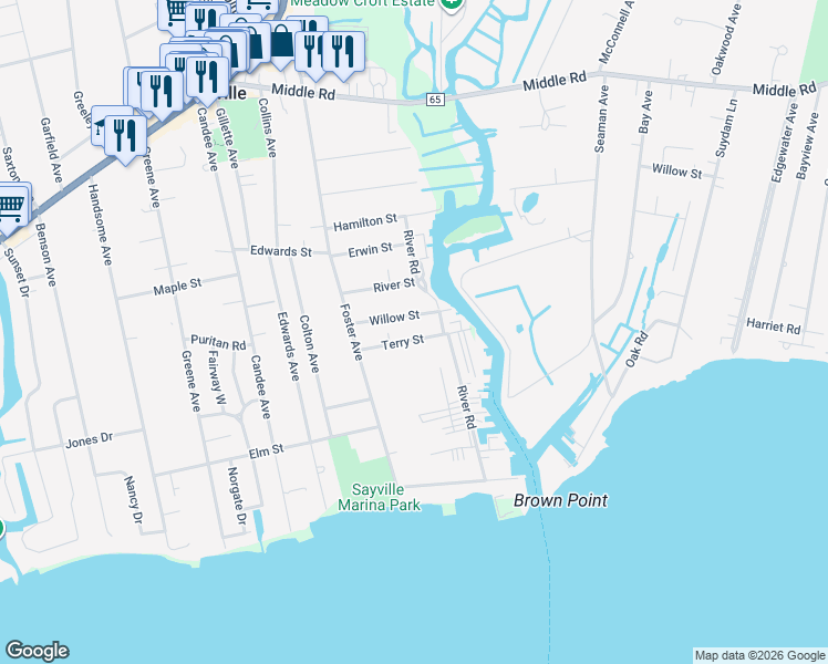 map of restaurants, bars, coffee shops, grocery stores, and more near 65 Willow Street in Sayville