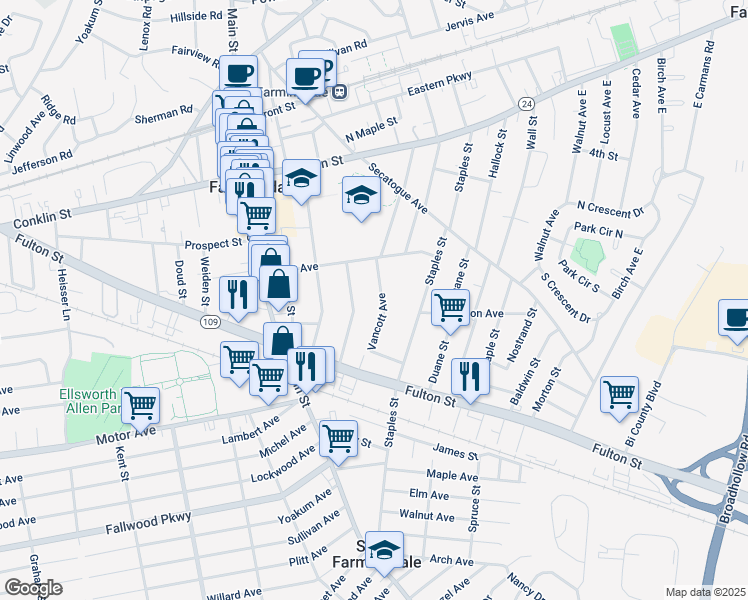 map of restaurants, bars, coffee shops, grocery stores, and more near 243 Vancott Avenue in Farmingdale