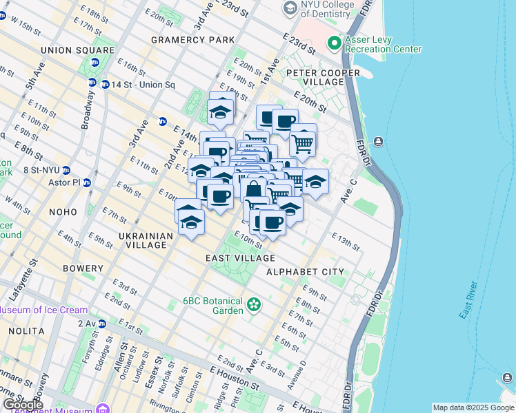 map of restaurants, bars, coffee shops, grocery stores, and more near 515 East 13th Street in New York