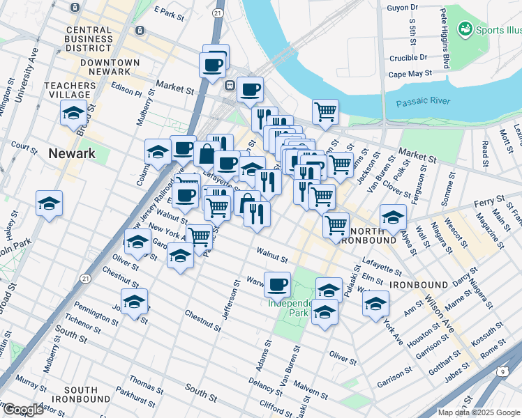 map of restaurants, bars, coffee shops, grocery stores, and more near 108 Congress Street in Newark