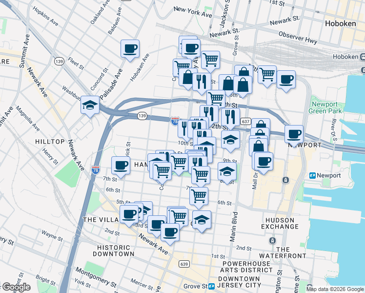 map of restaurants, bars, coffee shops, grocery stores, and more near in Jersey City
