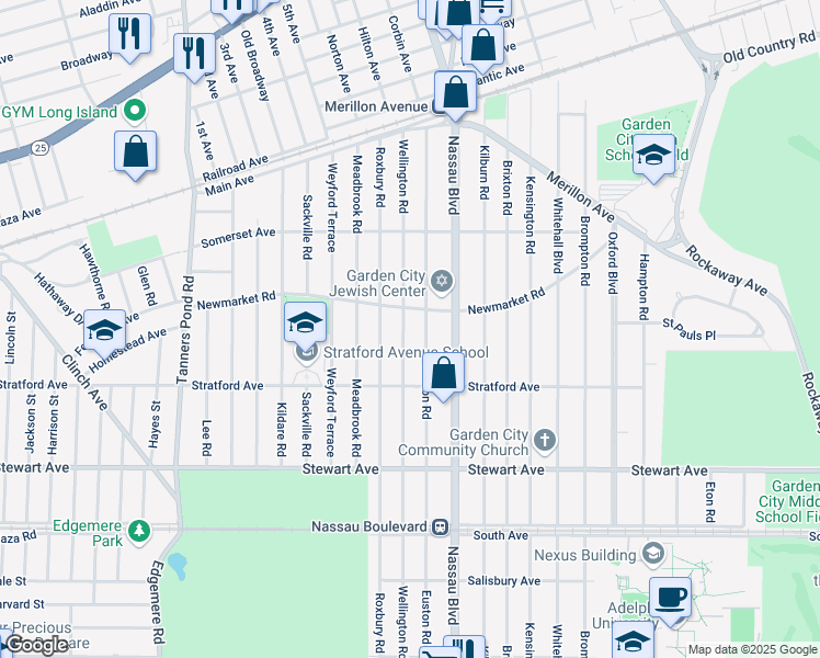 map of restaurants, bars, coffee shops, grocery stores, and more near 160 Euston Road in Garden City